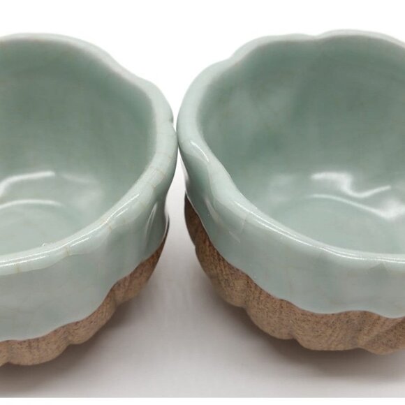 2 Small Celadon Flower Bloom Two-Tone Ceramic Bowls